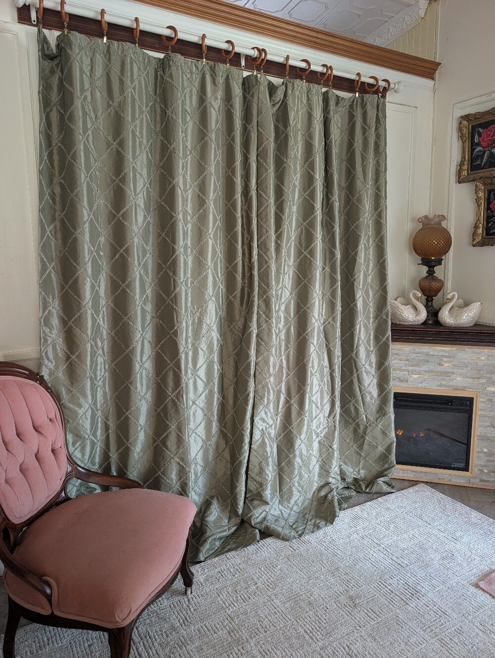 Custom Curtain Panels (2) Green Satin 100W x 87L Cotton Lined Tie Backs Tassel - Picture 5 of 14